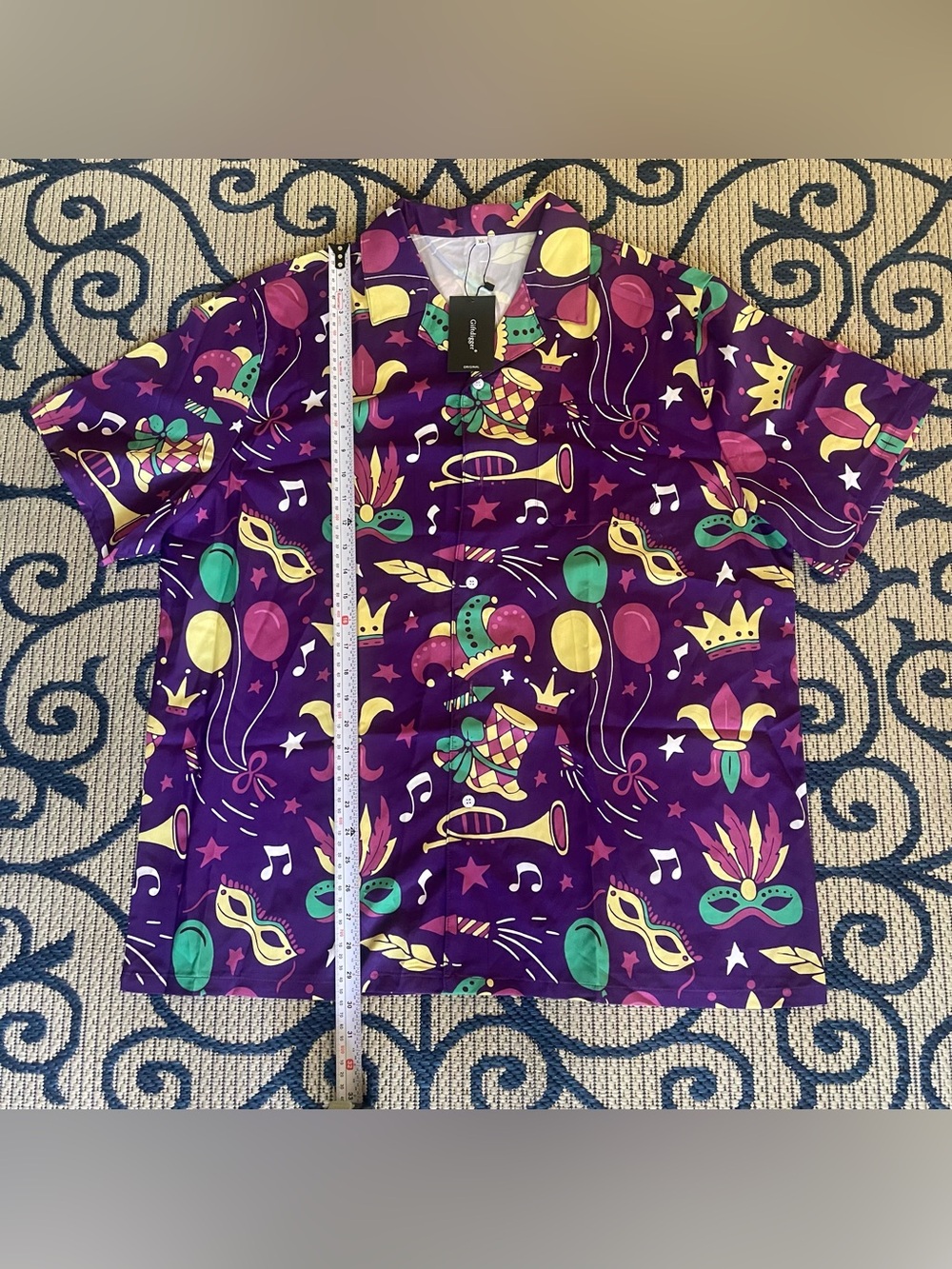 Men's Purple Carnival Print Short Sleeve Button-Down Shirt - Picture 3 of 8